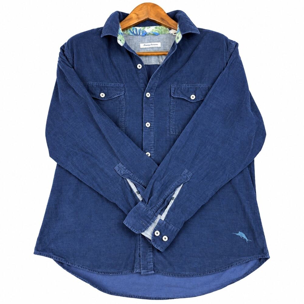 Tommy Bahama Men L Navy Fine Wale Corduroy Shirt Marlin Coastal Utility Pocket